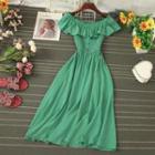 Ruffle Trim Cold Shoulder Midi A-line Dress