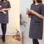 Short-sleeve Fringe-trim Tweed Dress