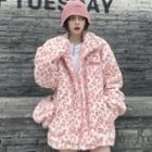 Leopard Print Fluffy Zip-up Jacket Pink - One Size