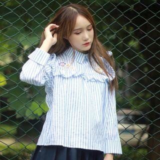Flower Embroidered Striped Long Sleeve Blouse