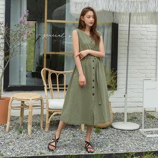 Sleeveless Button-front Belted Midi Dress