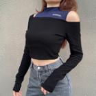 Long-sleeve Cold Shoulder Lettering Embroidered Crop Top