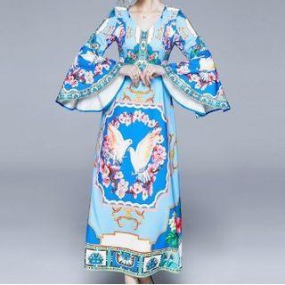 Pigeon Print Flared-sleeve Maxi A-line Dress