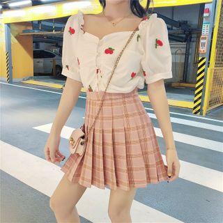 Set: Short-sleeve Embroidered Top + Plaid Mini A-line Skirt