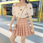Set: Short-sleeve Embroidered Top + Plaid Mini A-line Skirt