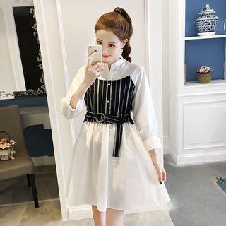 Stripe Panel Mock Two-piece A-line Dress