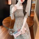 Short-sleeve Floral Print Shirred Midi A-line Chiffon Dress