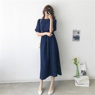 Dolman-sleeve Band-waist Textured Long Dress