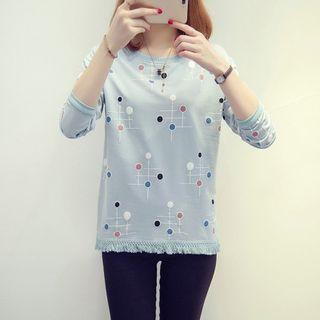 Long-sleeve Polka Dot Fringed T-shirt