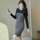 Long-sleeve Knit Panel Tweed Mini Sheath Dress