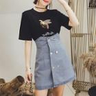 Set: Short-sleeve T-shirt + A-line Denim Mini Skirt