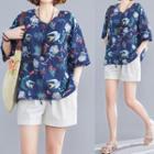 Printed Drawstring-hem Elbow-sleeve Top Dark Blue - One Size