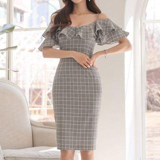 Plaid Off-shoulder Ruffle Trim Sheath Dress