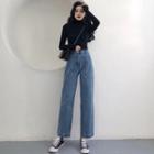 Long-sleeve Turtleneck Top / High Waist Straight Leg Jeans / Set