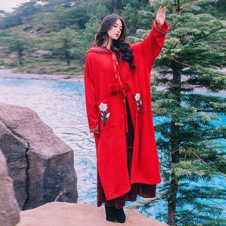 Embroidered Hooded Open Front Midi Jacket