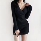 Long-sleeve V-neck Plain Bodycon Mini Dress