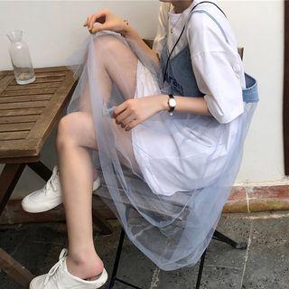 Elbow-sleeve T-shirt Dress / Lettering Spaghetti-strap Mesh Dress