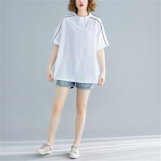 Striped Front-zip Elbow-sleeve T-shirt