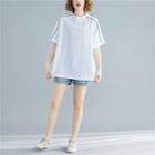Striped Front-zip Elbow-sleeve T-shirt