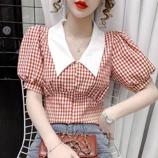 Short-sleeve Plaid Collar Top