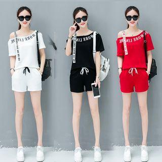 Set: Letter Embroidered Off Shoulder Short Sleeve T-shirt + Drawstring Shorts