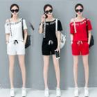 Set: Letter Embroidered Off Shoulder Short Sleeve T-shirt + Drawstring Shorts