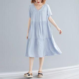 Short-sleeve Draped A-line Dress Light Grayish Blue - One Size