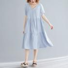 Short-sleeve Draped A-line Dress Light Grayish Blue - One Size