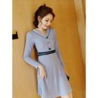 V-neck Long-sleeve Striped Panel A-line Dress