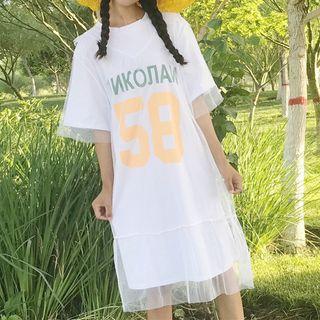 Elbow-sleeve Letter Mesh Overlay T-shirt Dress