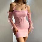 Long-sleeve Cold Shoulder Ruffled Mini Bodycon Dress