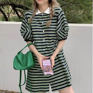 Puff-sleeve Contrast Collar Striped Mini A-line Dress Green - One Size