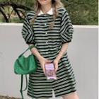 Puff-sleeve Contrast Collar Striped Mini A-line Dress Green - One Size