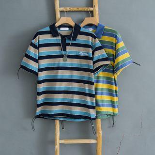 Short-sleeve Striped Drawcord Polo Shirt