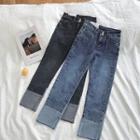 Color-block Panel Frayed High-waist Jeans