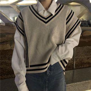 Contrast-trim V-neck Knit Vest As Shown In Figure - One Size