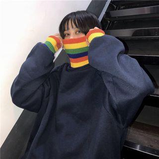 Rainbow Striped Panel Turtleneck Sweatshirt As Shown In Figure - One Size