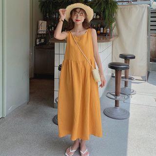 Plain Sleeveless Lace Up Loose-fit Midi Dress