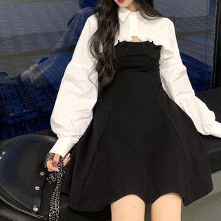 Spaghetti Strap A-line Dress / Ruffled Crop Shirt