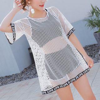 Set: Contrast Trim Bikini + Mesh Cover-up