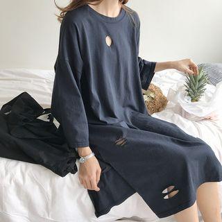 Ripped Long-sleeve Midi T-shirt Dress