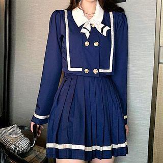 Long-sleeve Cropped Blouse / Pleated Mini A-line Skirt