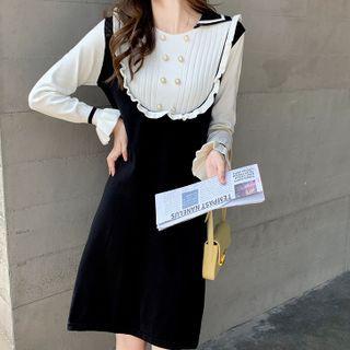 Bell-sleeve Two-tone Knit Sheath Dress Black - One Size