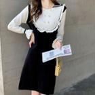 Bell-sleeve Two-tone Knit Sheath Dress Black - One Size