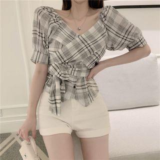 V-neck Plaid Twisted Blouse
