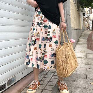 Printed Midi A-line Skirt Print - Beige - One Size