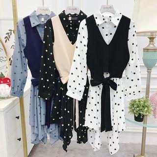 Set: Asymmetric Dotted Dress + Knit Vest