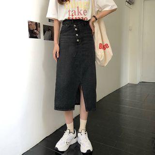 High-waist Slit Denim A-line Skirt