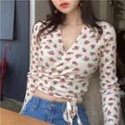 Long-sleeve Floral Print Wrap Crop Top Floral - White - One Size
