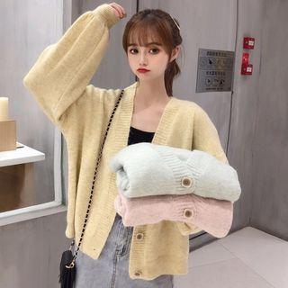Long-sleeve Plain Single-breasted Knit Cardigan